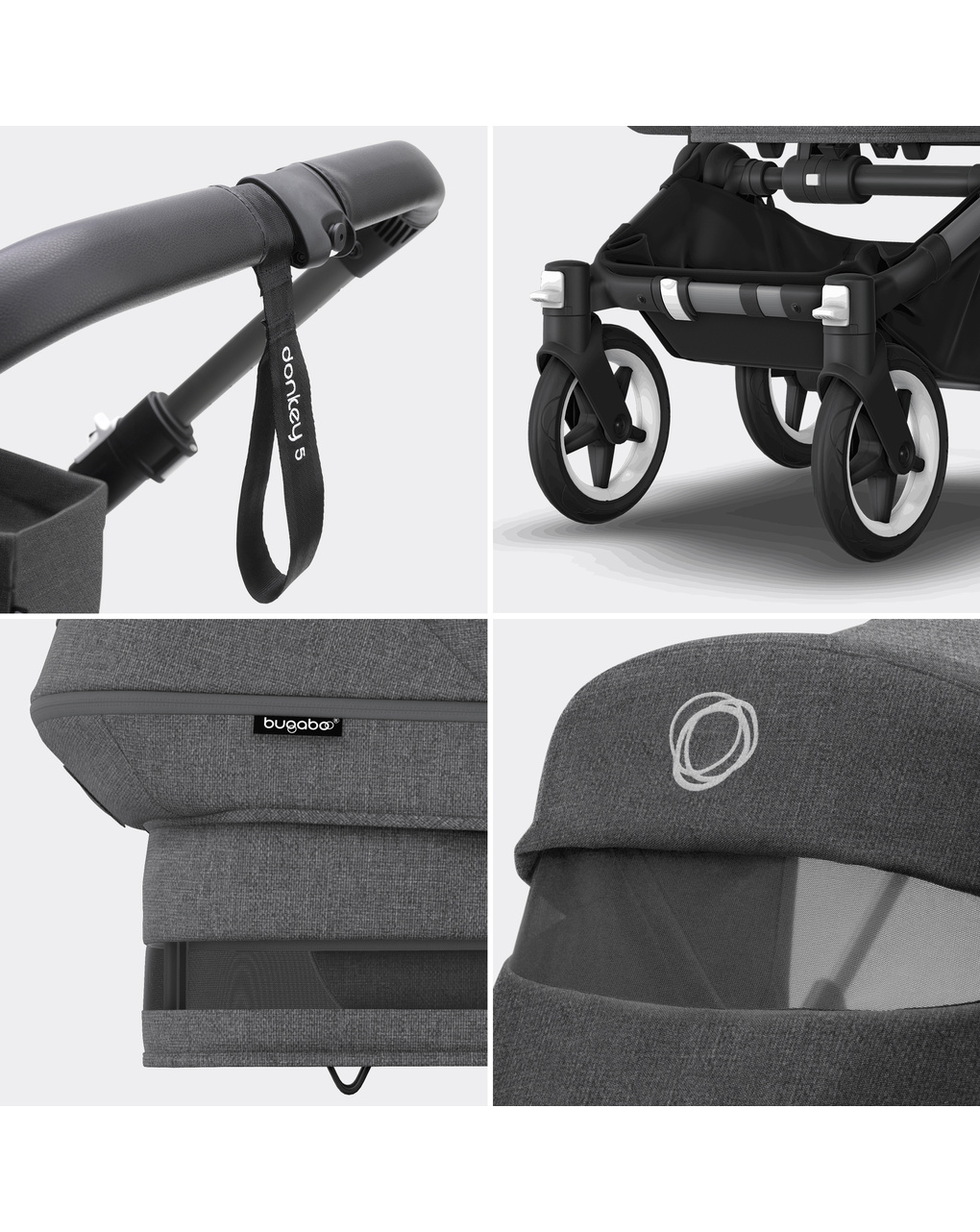 Bugaboo donkey 5 mono navicella e passeggino telaio graphite, tessuti e cappottina grey melange