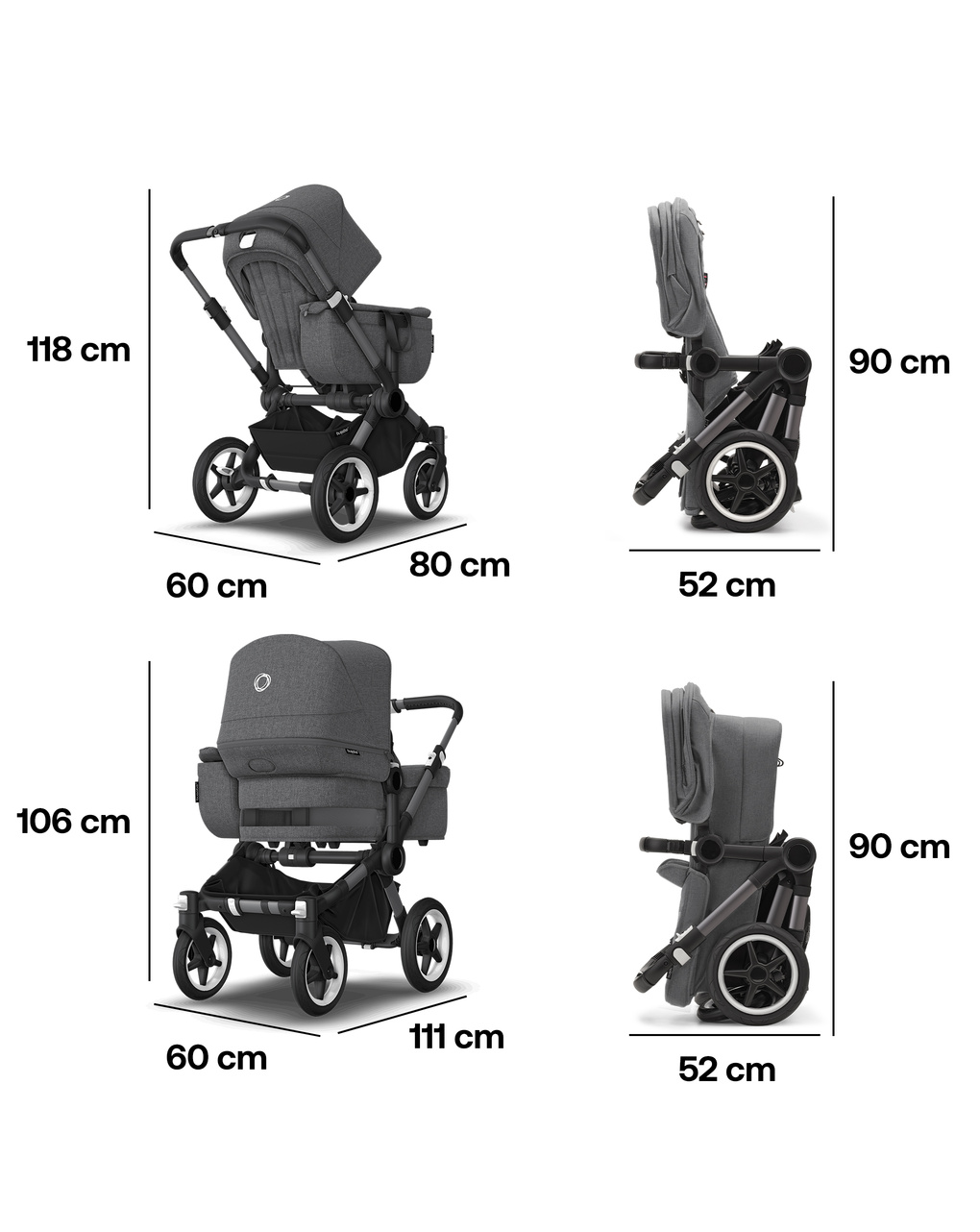 Bugaboo donkey 5 mono navicella e passeggino telaio graphite, tessuti e cappottina grey melange