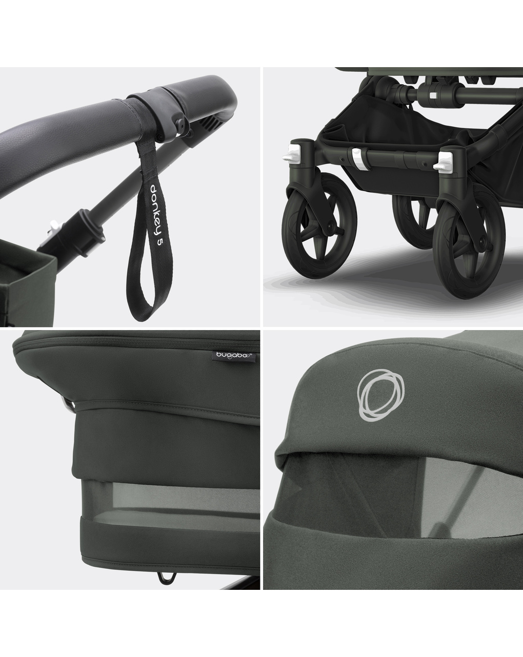 Bugaboo donkey 5 mono navicella e passeggino telaio nero, tessuti e cappottina forest green