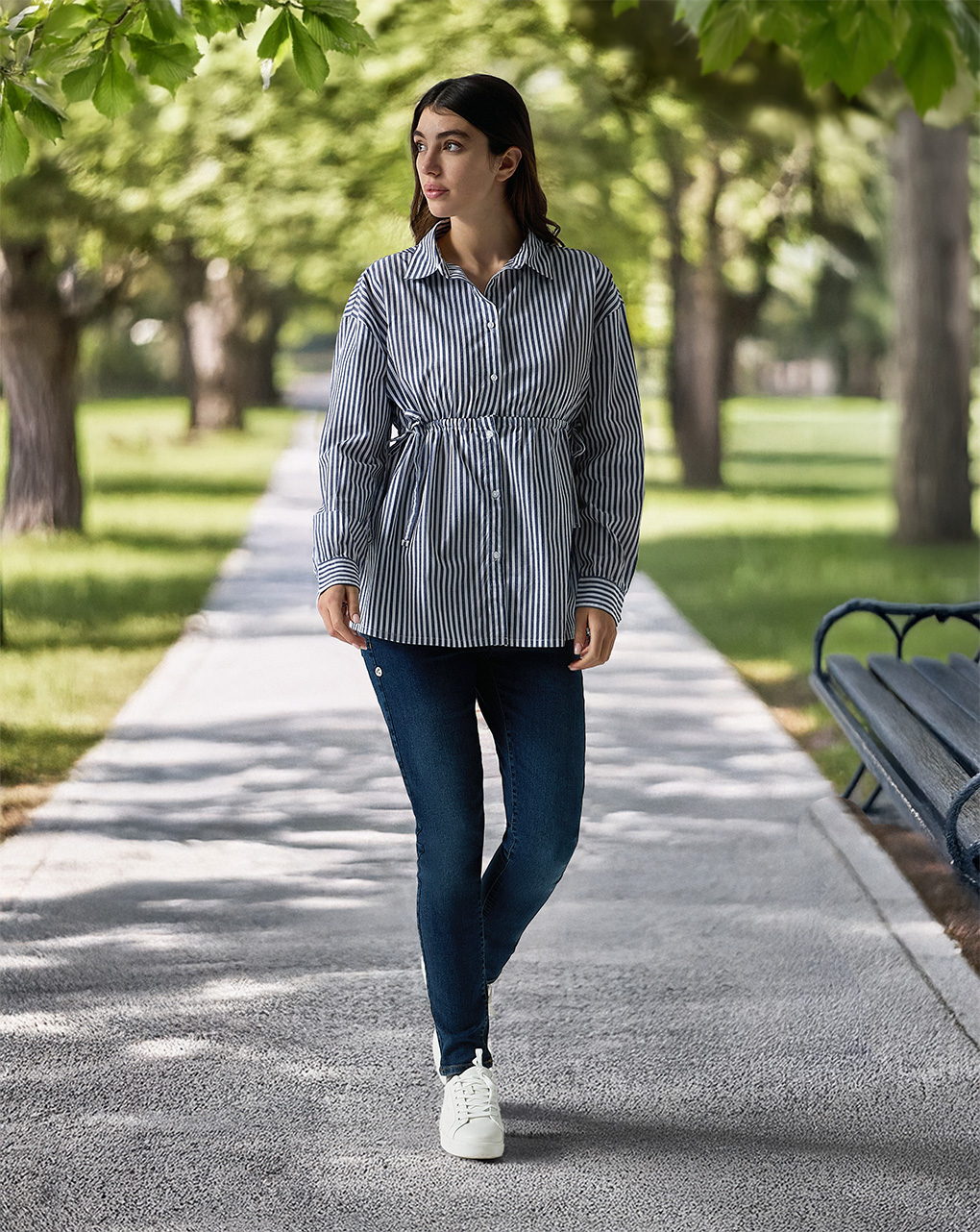 Camicia premaman in popeline a righe blu e bianche