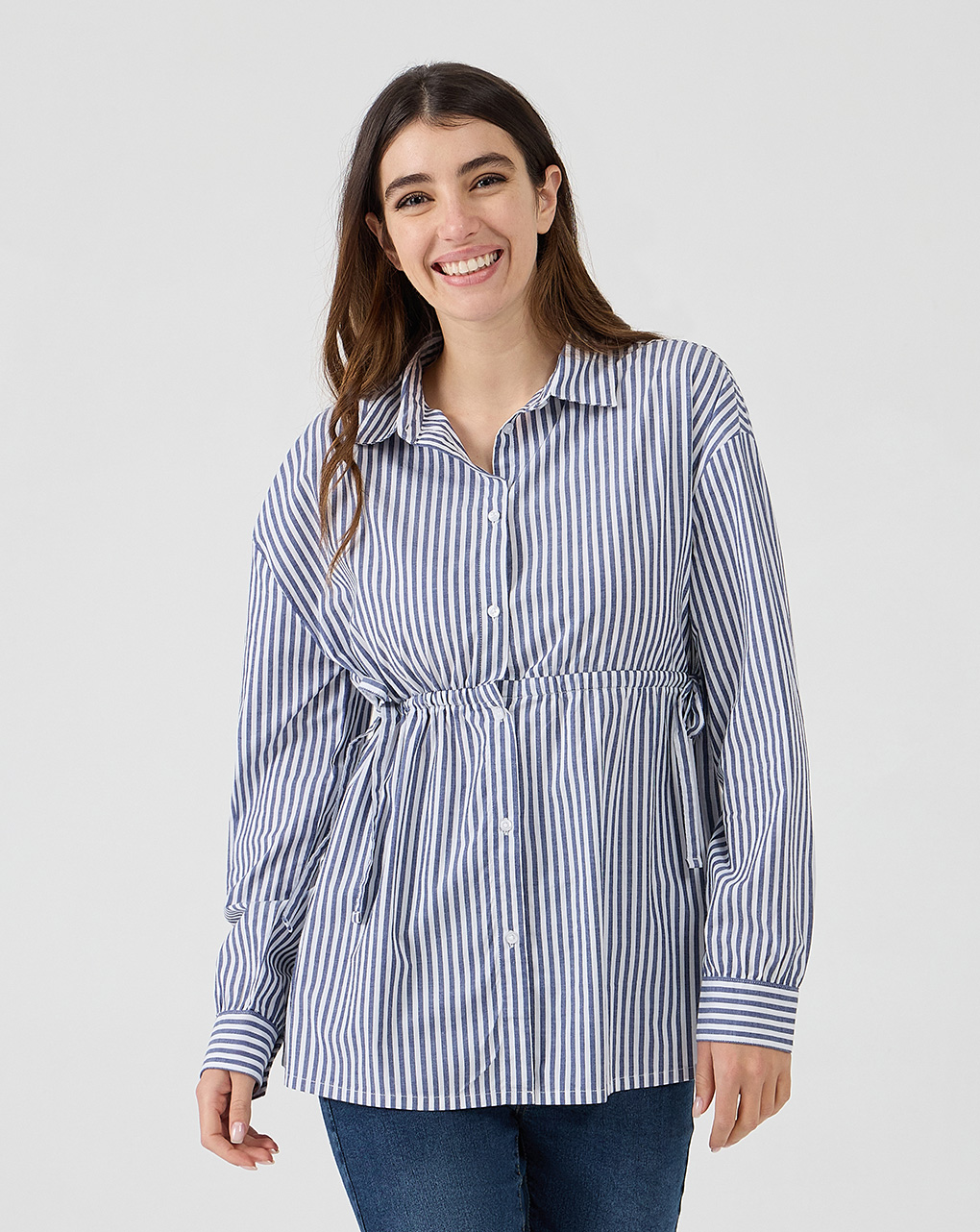 Camicia premaman in popeline a righe blu e bianche