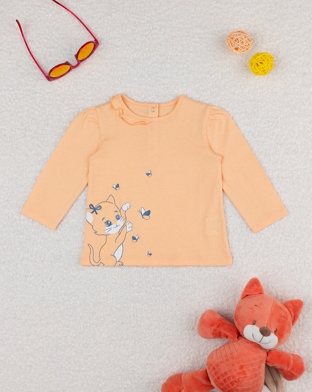 T-shirt bimba arancione stampa gatto