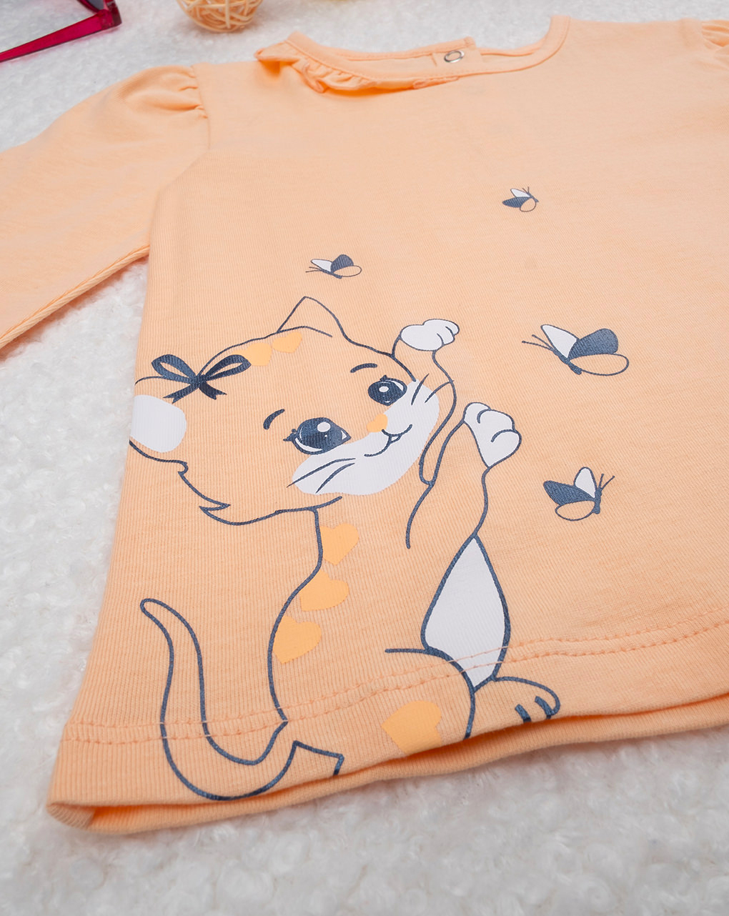 T-shirt bimba arancione stampa gatto