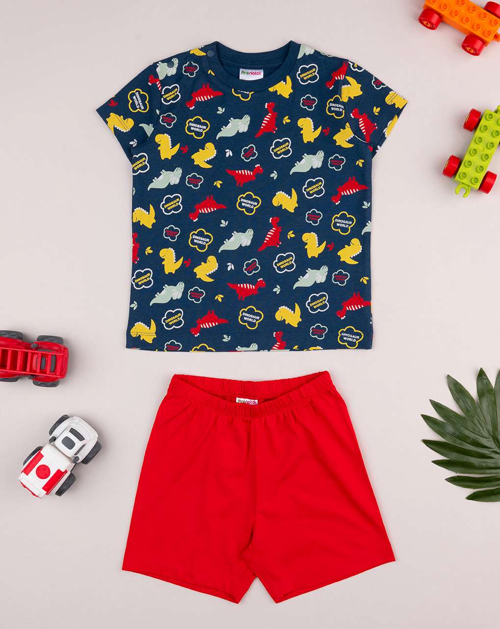 Pigiama corto bimbo blu/rosso dino allover