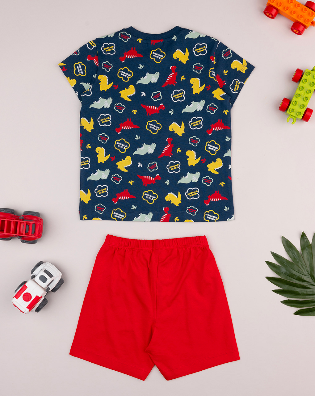 Pigiama corto bimbo blu/rosso dino allover