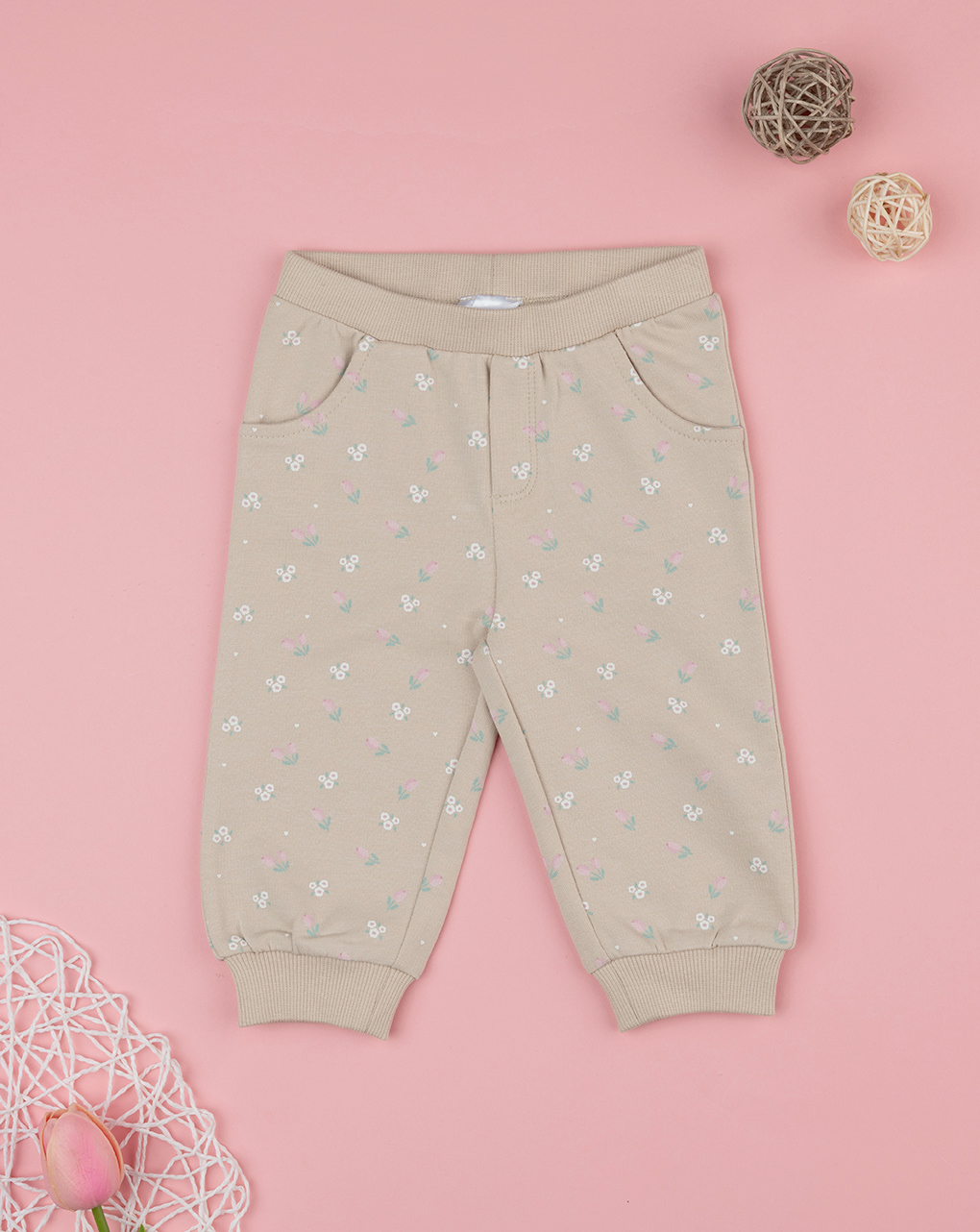 Pantalone bimba beige stampato fiori