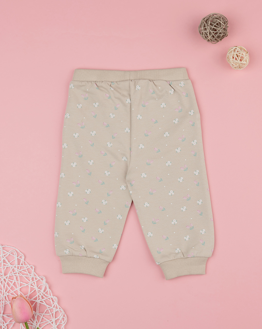 Pantalone bimba beige stampato fiori