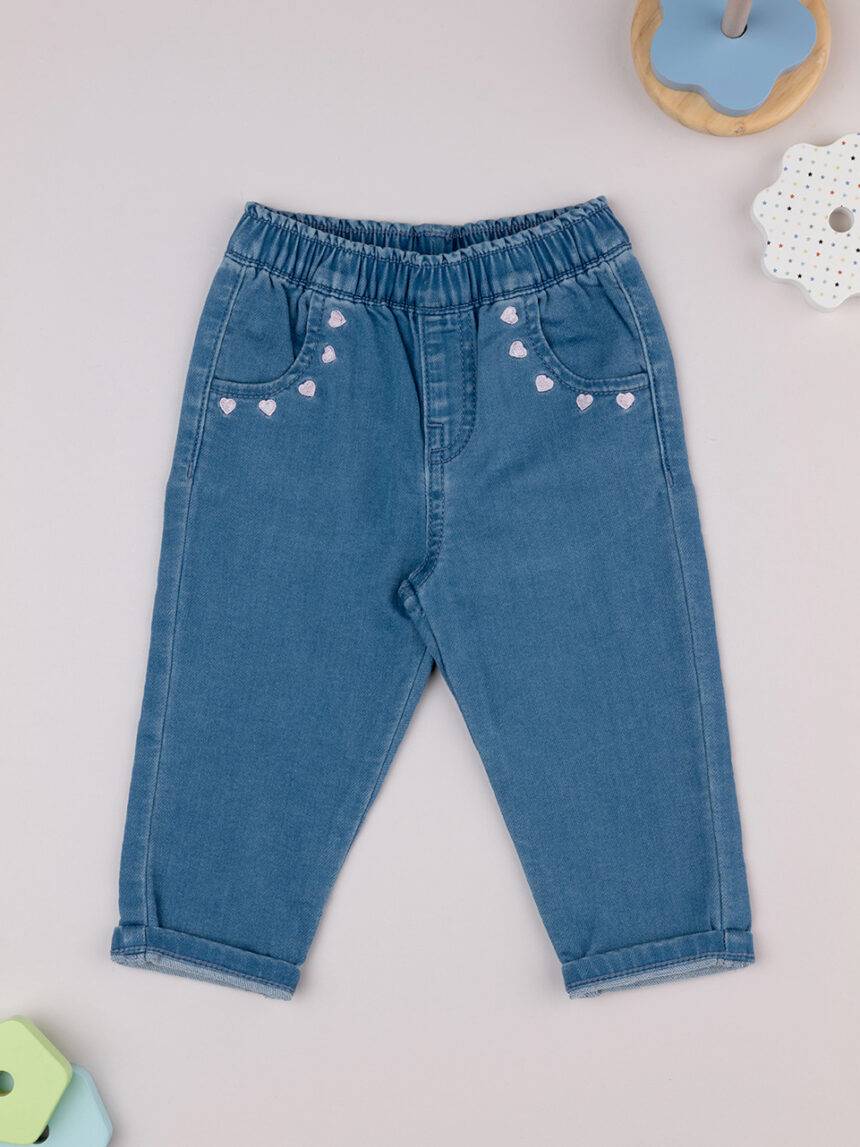 Pantalone bimba blu denim cuori rosa