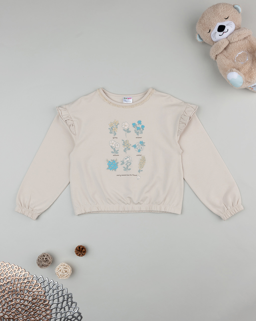 Maglia beige bambina fiori e rouches