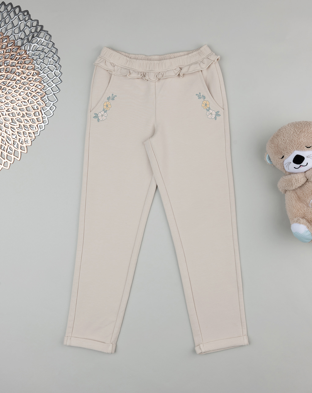 Pantalone lungo beige bambina fiori