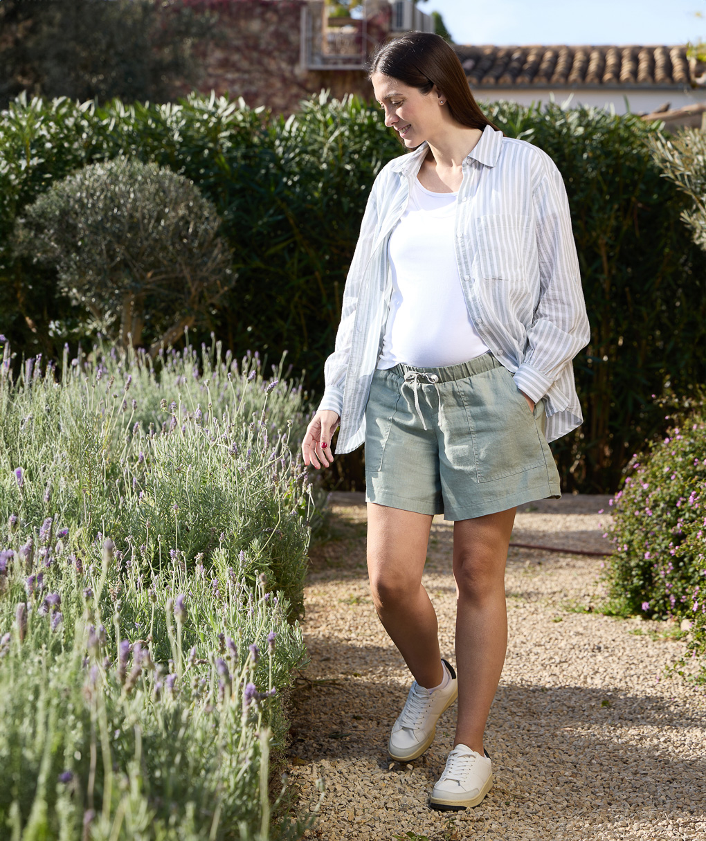 Short premaman in lino con fascia alta in vita