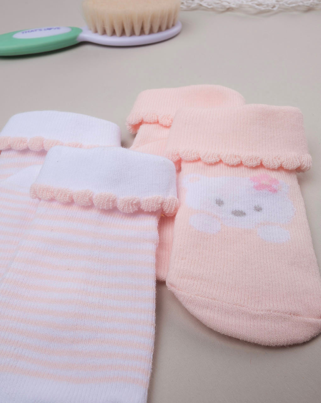 Pack 2 paia di calze in cotone rosa con orsetta e righe