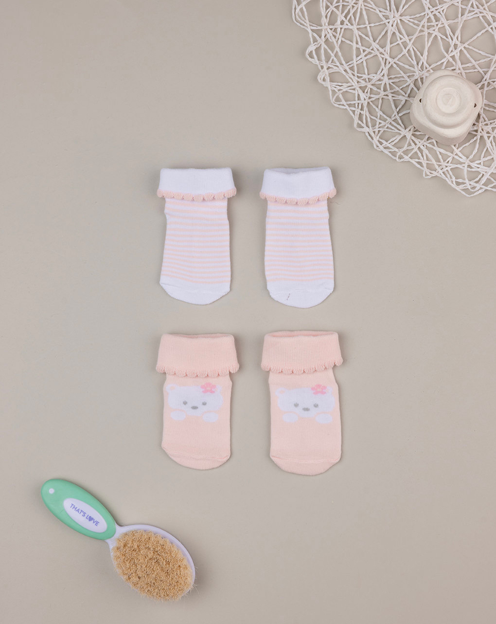 Pack 2 paia di calze in cotone rosa con orsetta e righe