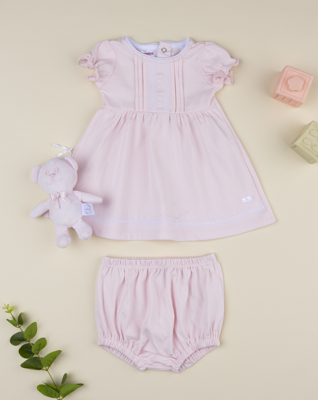 Vestito neonata rosa ricami  con orsetto regalo