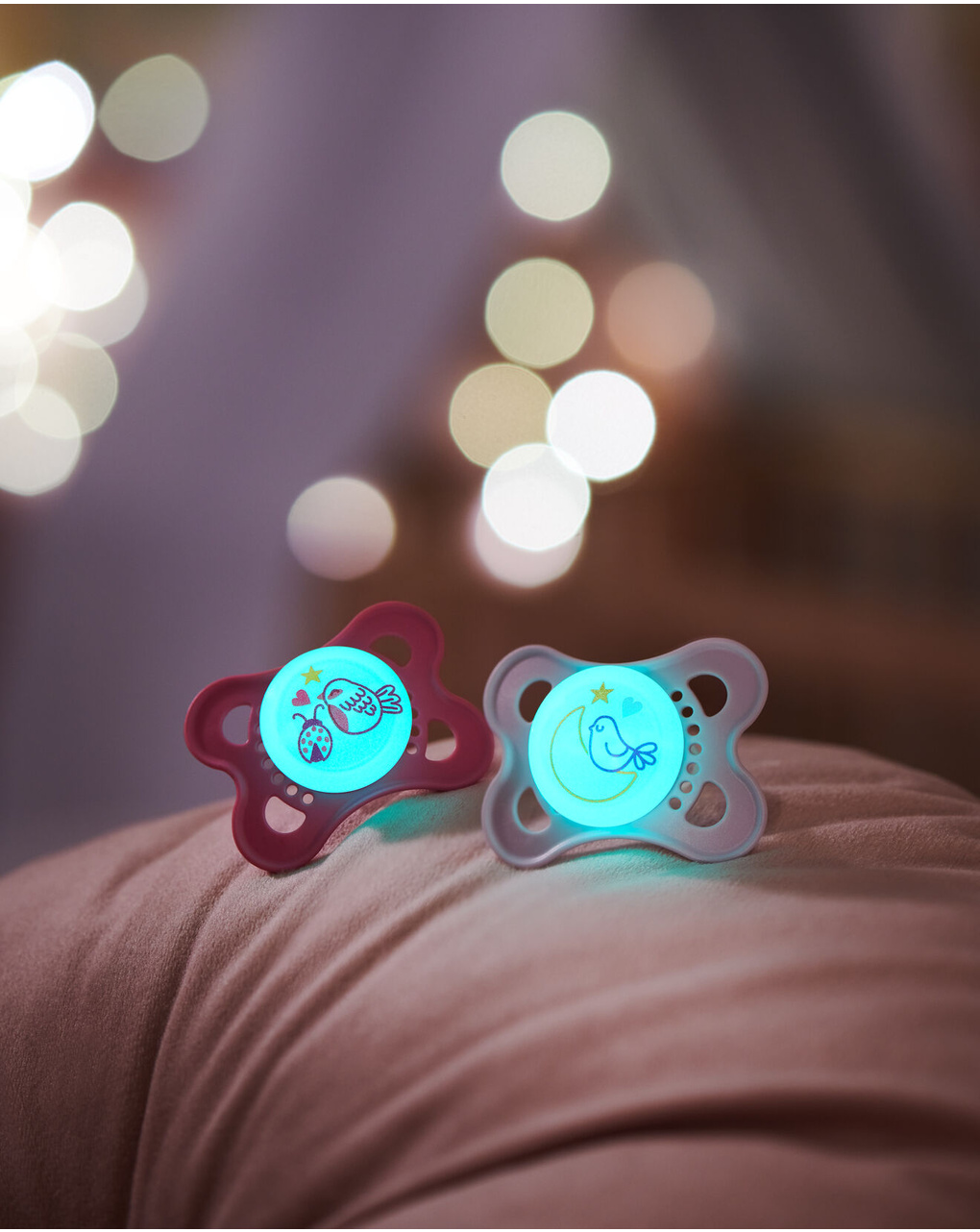 Succhietto original start night 0-2 mesi set da 2 silicone e porta ciuccio sterilizzatore, lilla - mam